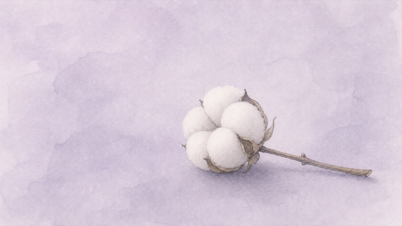 くすみラベンダーの水彩背景に茎つきの白い綿の花が置かれたイラスト ― 妊活中のこころの相談窓口の種類と選び方を整理する
