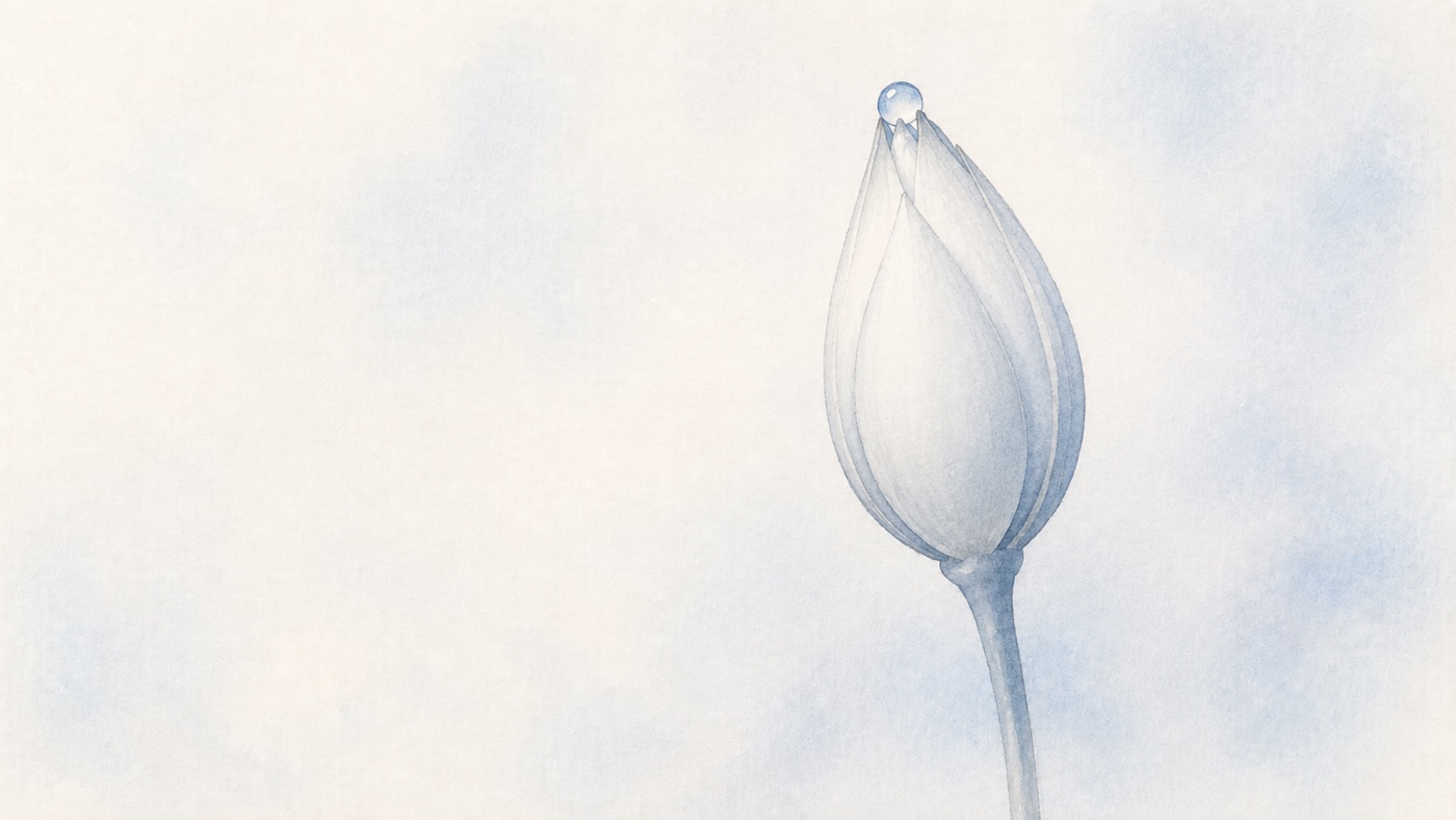 ミストブルーの水彩背景につぼみ（茎つき・先端に雫）のイラスト ― 排卵誘発剤の種類・働き・副作用を整理する